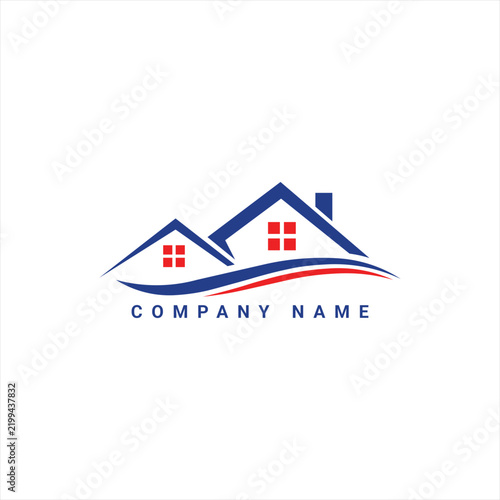 Minimalist real estate logo design featuring a house silhouette with blue and red lines
