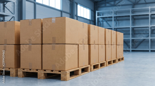 Winter Sale, stacked cardboard shipping boxes in warehouse