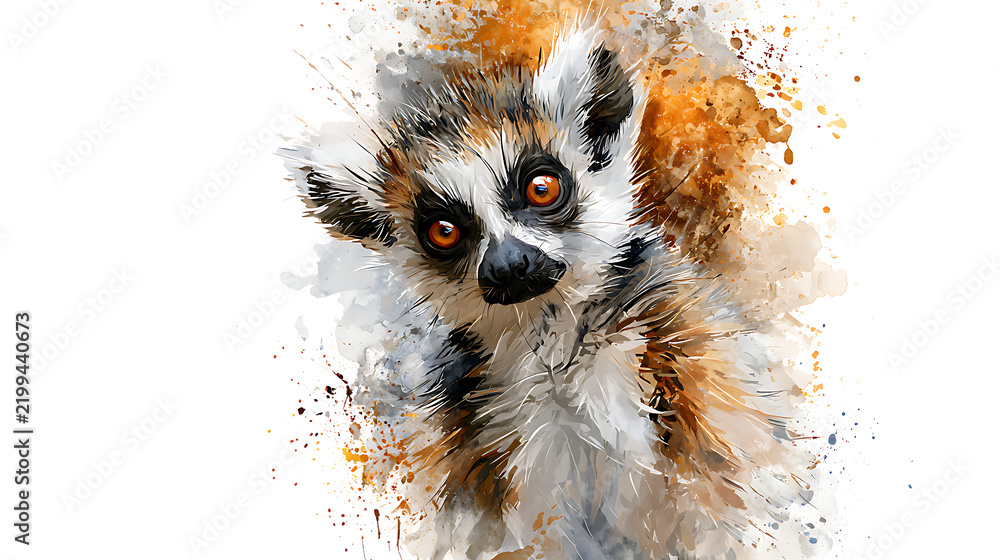 Obraz premium Watercolor drawing of a funny lemur, textured background with blur.