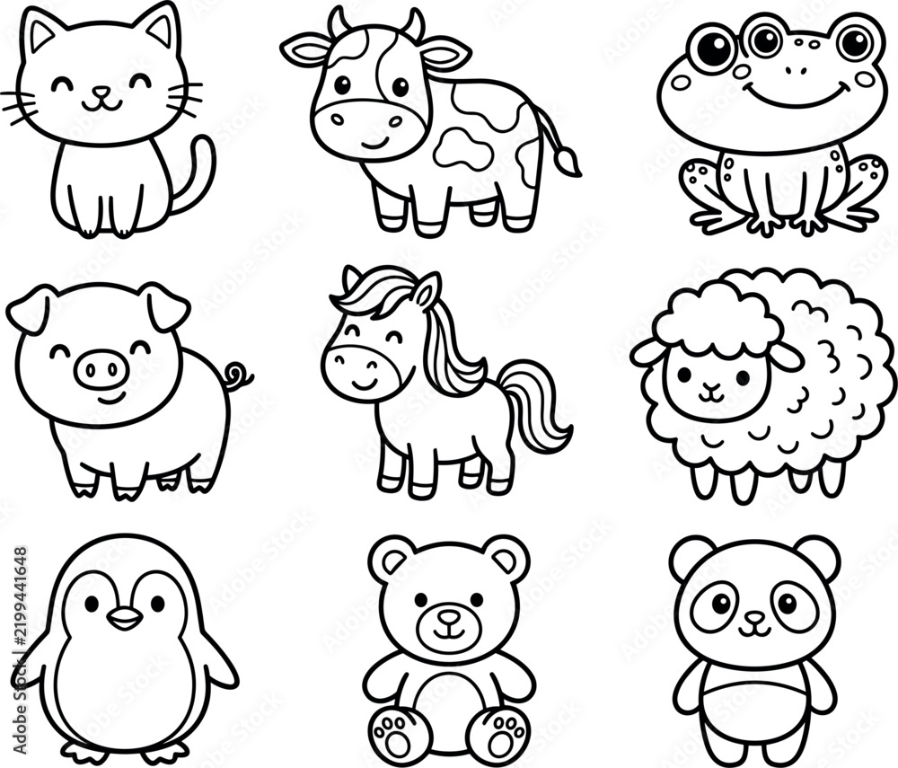 Obraz premium Cute Cartoon Animals Coloring Book Pages Vector Set Featuring Black and White Outline Icons of Cow, Horse, Sheep, Cat, and Panda for Kids Activities