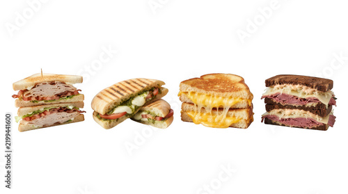 A collection of gourmet sandwiches featuring turkey club, panini, grilled cheese, and reuben isolated on transparent background. Great for restaurant menu design and food delivery ads.