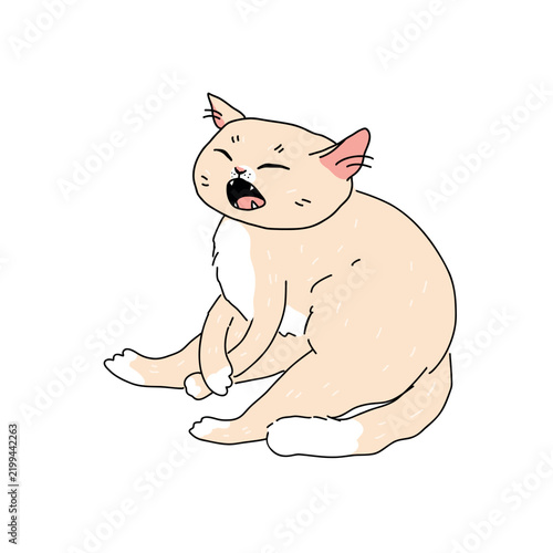 Funny vector illustration of a fluffy cat yawning with a sleepy and tired expression. Cute furry character isolated on a white background.