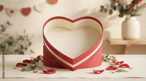 Open Red Heart-Shaped Gift Box with Scattered Rose Petals