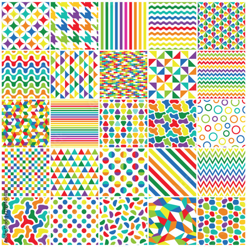 Mega collection of colorful rainbow seamless geometric patterns. Bright multicolor vector background set with endless repeat abstract mosaic, stripe, wave and dot textures for wallpaper, wrapping etc