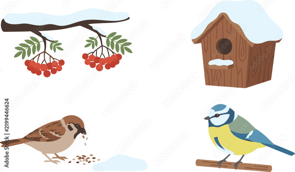 Obraz premium Winter Wild Birds Icon Set with Sparrow Eating Seeds Blue Tit on Branch Snow Covered Wooden Birdhouse and Red Rowan Berries Vector Illustration