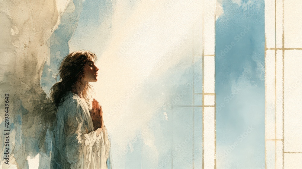 Obraz premium Watercolor Angel Messenger in Prayer Before Stained Glass, Memorial Sympathy Christian Art Background