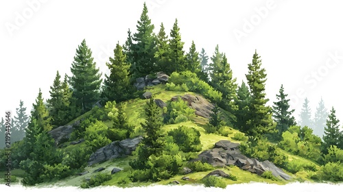 A realistic green mountain landscape with detailed trees and slopes isolated on a white background.