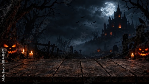 A spooky Halloween background featuring wooden planks, pumpkins, trees, and the moon against a horror-style night backdrop.