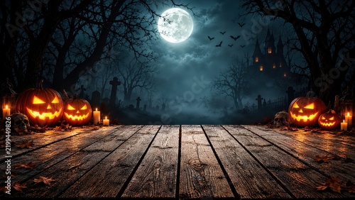 A spooky Halloween background featuring wooden planks, pumpkins, trees, and the moon against a horror-style night backdrop.