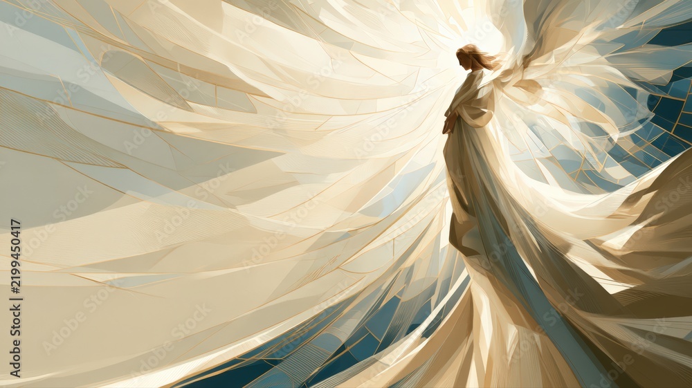Obraz premium Elegant Angel Messenger Descending in Luminous Stained Glass Light, Christian Memorial and Sympathy Art