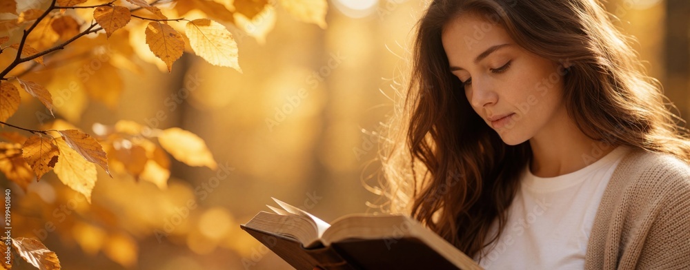 Fototapeta premium Close up of young christian woman reading holy bible outdoors. Female student studies gospel book in autumn forest with yellow leaves. Peaceful moment of spirituality, faith. Person finds religious