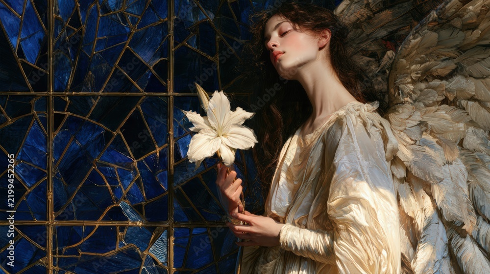 Obraz premium Serene Angel Messenger Holding White Lily in Blue Stained Glass Window Light, Memorial Sympathy Christian Art