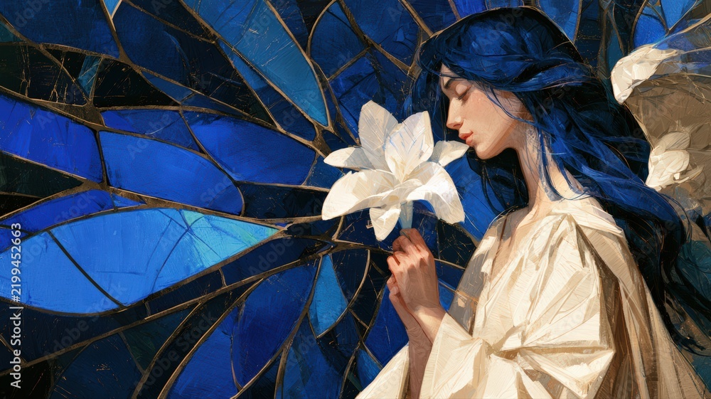 Obraz premium Serene Angel Holding White Lily Against Deep Blue Stained Glass, Christian Memorial Sympathy Illustration