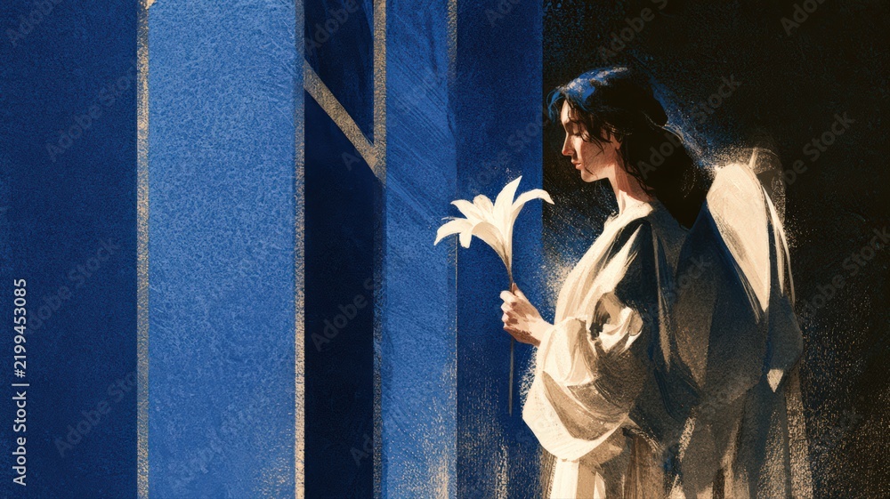 Fototapeta premium Elegant Angel Holding White Lily Before Blue Stained Glass, Christian Sympathy and Memorial Art with Copy Space