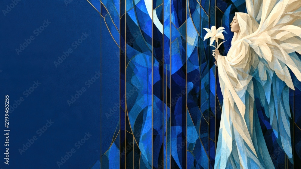 Obraz premium Stained Glass Angel with White Lily on Deep Blue Background, Christian Sympathy and Memorial Art