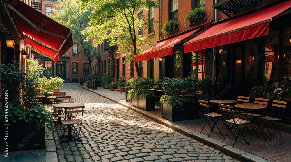Fototapeta premium Cobblestone street in New York City with outdoor cafe seating. Red awnings cover bistro tables, chairs on sidewalk. Green plants in black pots decorate urban alleyway. Sunny day light creates shadows