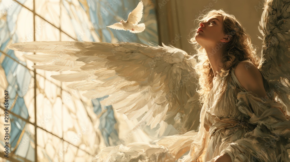 Obraz premium Contemplative Angel Messenger in Flowing Robes and Feathered Wings with Dove and Stained Glass, Sympathy and Memorial Christian Art