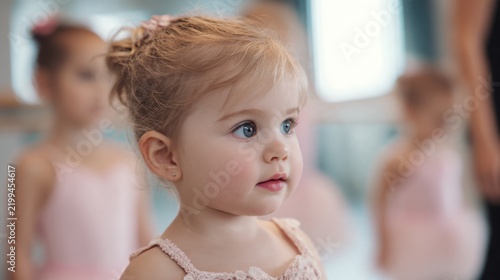 Ultra realistic close up photograph of a toddler at a children s dance master class, wearing an adorable professional style dance outfit and soft