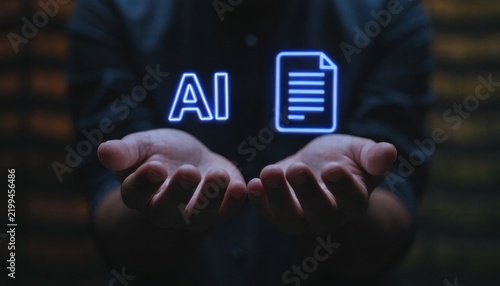Hands holding glowing ai and document artificial intelligence