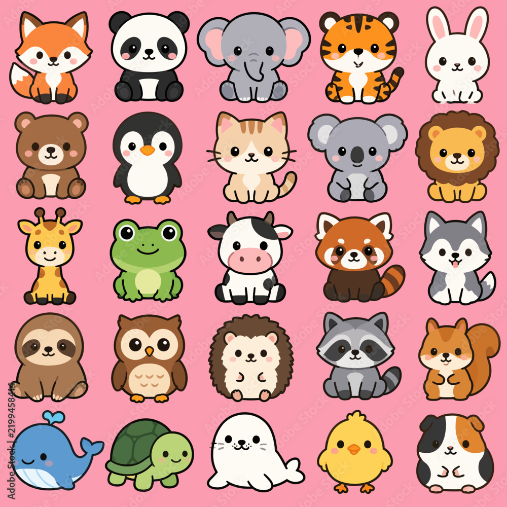 Obraz premium A charming collection of cute, stylized animals perfect for use in user interface design or educational materials