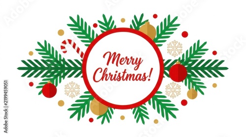 Merry christmas greeting surrounded by festive pine branches, ornaments and snowflakes