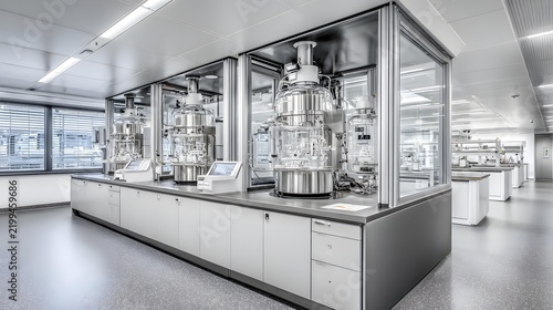 research laboratory with transparent reactors, illuminated equipment, polished metallic surfaces, organized workstations, atmospheric depth