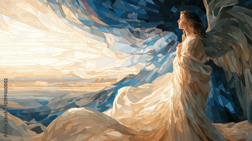 Fototapeta premium Stained Glass Angel Messenger Looking Toward Dawn, Contemporary Christian Memorial and Sympathy Art