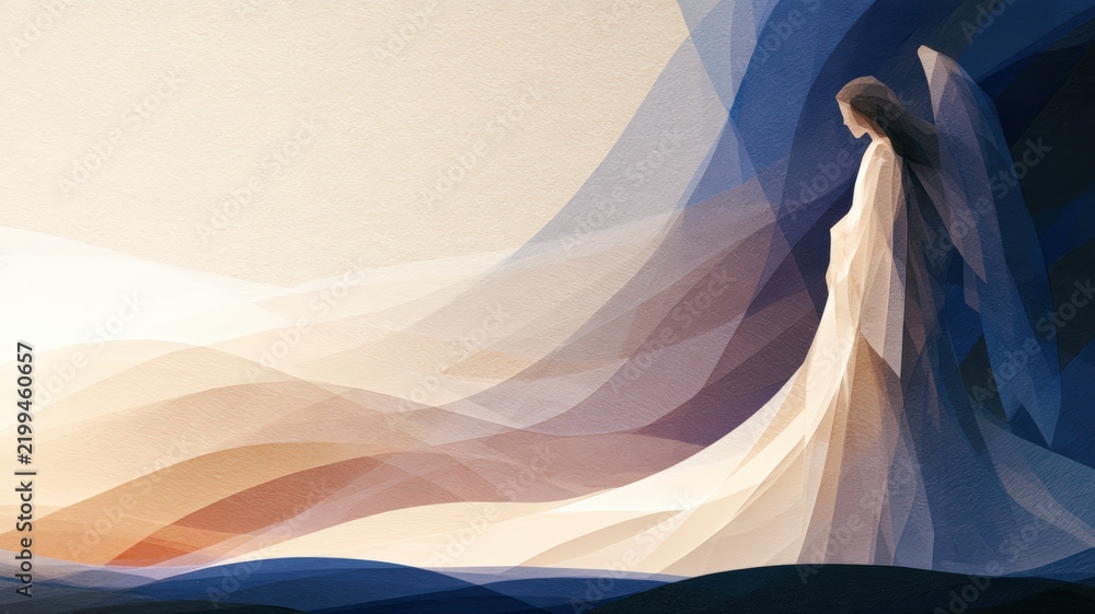 Obraz premium Stained Glass Angel at Dawn, Christian Sympathy and Memorial Illustration with Gentle Light and Hopeful Atmosphere