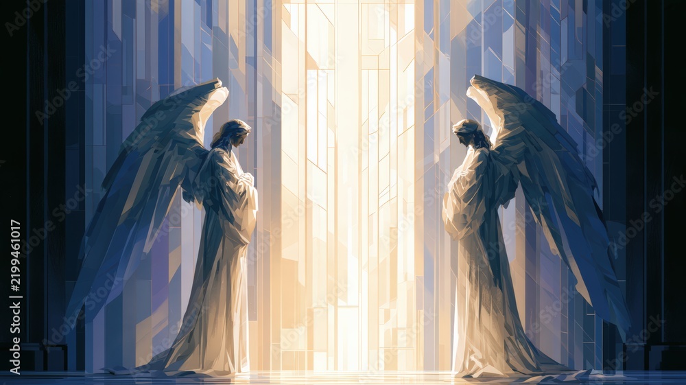 Fototapeta premium Two Serene Angels in Vigil Amid Luminous Stained Glass, Memorial Faith Illustration for Sympathy and Comfort