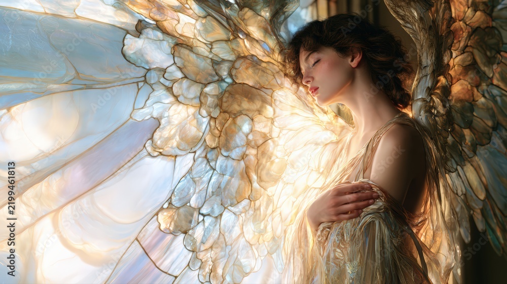 Obraz premium Stained Glass Angel Messenger in Serene Light, Memorial Sympathy and Christian Comfort Background