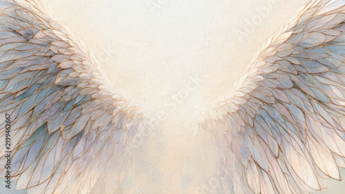 Watercolor Stained Glass Angel Wings with Luminous Center, Memorial and Sympathy Christian Background