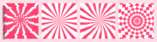 Set of sweet candy abstract backgrounds, sunburst patterns with radial stripes and geometric shapes in pink and white