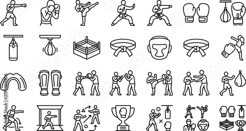 Detailed boxing and martial arts linear icons displaying fighters in action equipment and ring components for sport performance graphics.