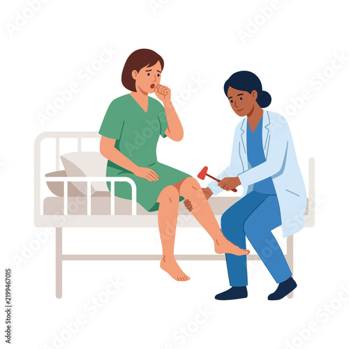 Doctor performing a medical reflex knee examination on a seated female hospital patient