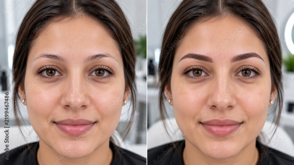 Fototapeta premium Before and after comparison of female face showing natural sparse eyebrows versus professional microblading.