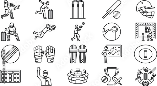 Extensive cricket sport icon set representing cricket players equipment pitch layout and match scoring elements for athletic publications.