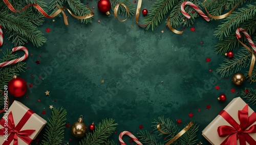 Christmas Decorations With Presents and Candy Canes on a Green Background