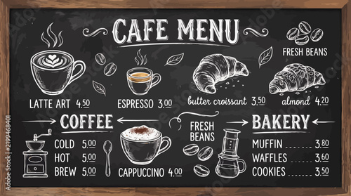 Chalkboard cafe menu with hand-drawn illustrations and prices for coffee and bakery items Keywords: cafe menu, chalkboard, hand-drawn, illustration, coffee, latte art, espresso, cappuccino, cold