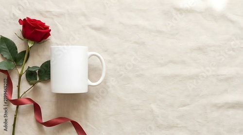 Blank white ceramic coffee mug mockup with romantic red roses and soft pastel decor, elegant Valentine's Day aesthetic background with empty copy space for 3x3 love quote typography.