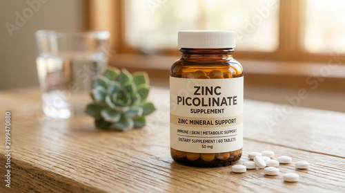 Zinc Picolinate Supplement Bottle For Immune And Skin Health On Wooden Surface