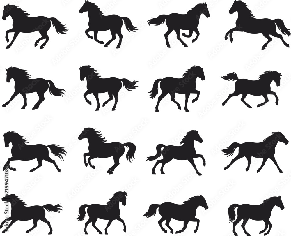 Obraz premium Running wild horse silhouettes icons collection domestic animal vector illustration isolated on white background