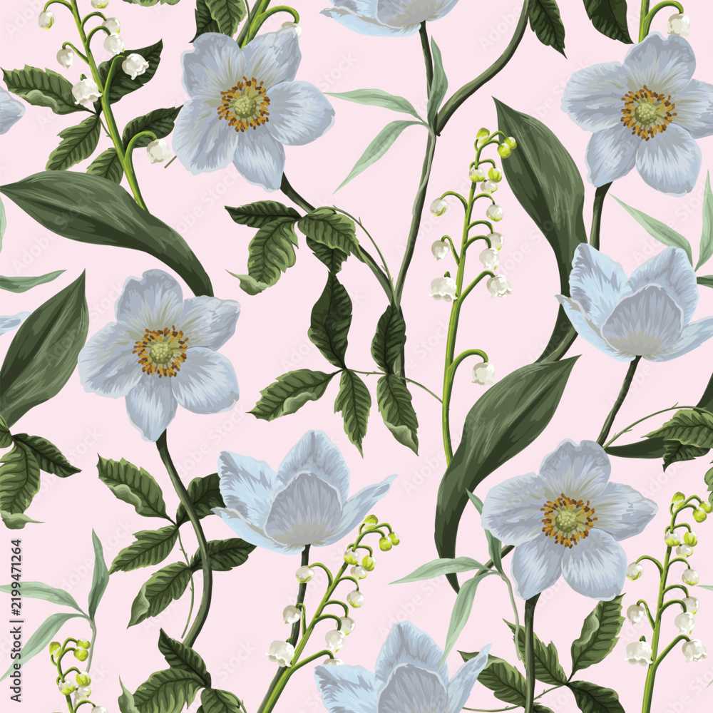 Obraz premium White Wild Roses and Lily of Valley Botanical Seamless Pattern on Pink Background