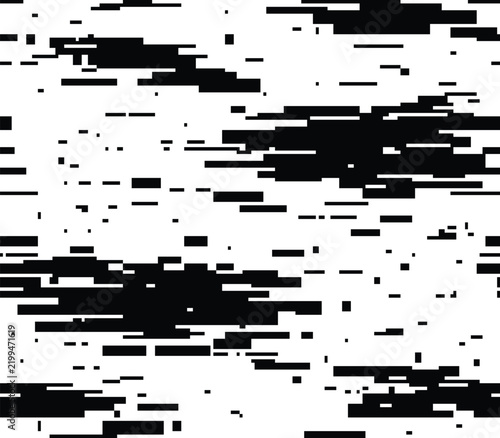 Seamless horizontal black digital glitch pattern with rectangular shapes.