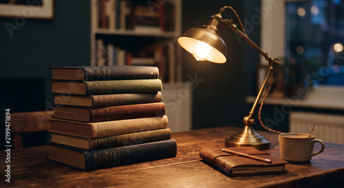 Cozy Reading Nook: A stack of antique books rests beside a vintage brass desk lamp casting a warm glow, with a leather-bound notebook and pen ready for inspiration.