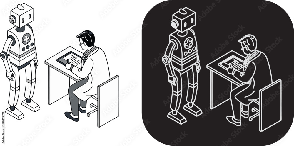 Fototapeta premium Isometric vector illustration of doctor sitting at desk working on tablet while consulting with humanoid robot in clinic laboratory 