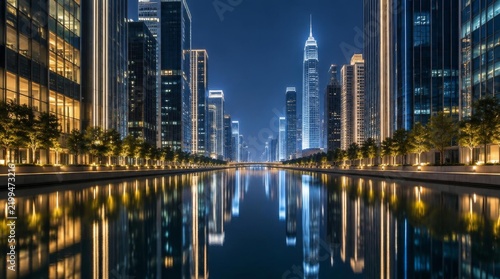 Modern skyscrapers glow brightly along a calm canal reflecting illuminated urban architecture during twilight