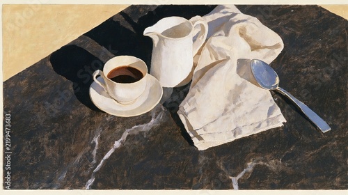 Painterly Coffee Cup and Creamer on Dark Marble