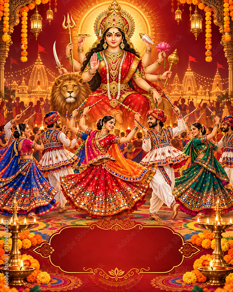 Fototapeta premium Navratri Durga Pooja Dandiya Garba Celebration with Vibrant Traditional Decor, Decorative Diyas, Colorful Patterns, Festive Lights and Joyful Indian Cultural Ambience