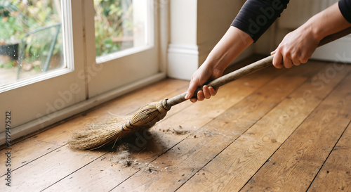 Sweeping Dust on Wooden Floor: A person is sweeping dust and debris on a polished wooden floor with a broom, emphasizing the act of cleaning and tidiness.