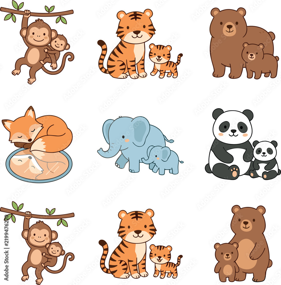 Obraz premium Cute Cartoon Wild Animals Mother and Baby Set Featuring Tiger Elephant Bear Panda Monkey and Fox Family Clipart Icons for Children Graphic Designs